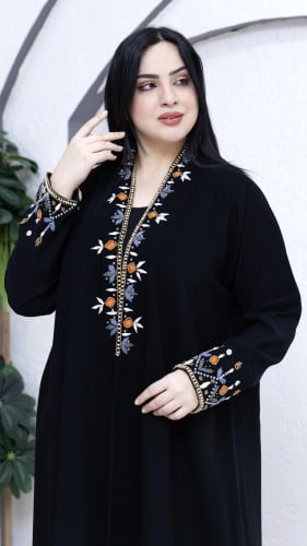 عباية كريب اندونيسي اسود تطريز ملون