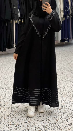 عباية كتان كلوش بياقة مع تطريز ابيض