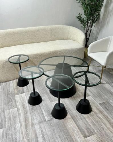 طقم طاولات حديد اسود سطح زجاج