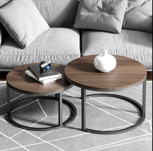 طقم طاولات بسطح خشبي وقاعدة حديدية