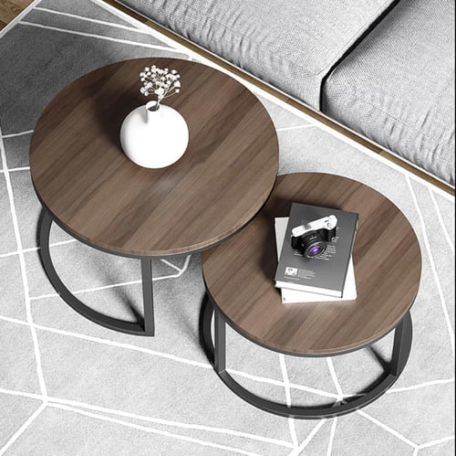 طقم طاولات بسطح خشبي وقاعدة حديدية