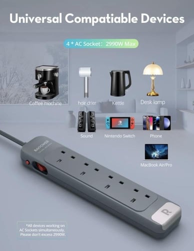 توصيلة راف باور 4 منافذ بقوة 3150 واط - رمادي