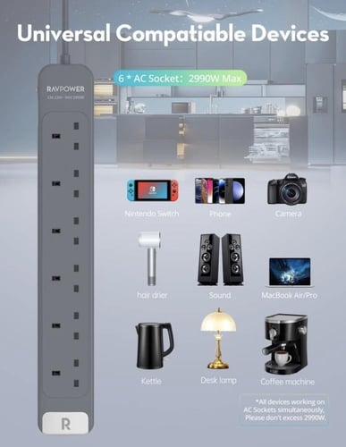 توصيلة راف باور 6 منافذ بقوة 3150 واط - رمادي