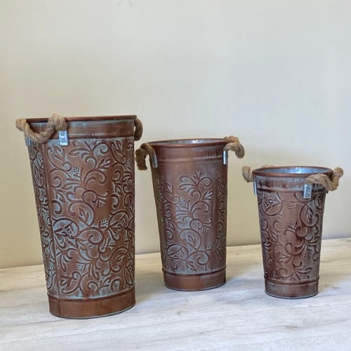 طقم مراكن زرع حديد ثلاث قطع تيفاني ونحاسي انتيك