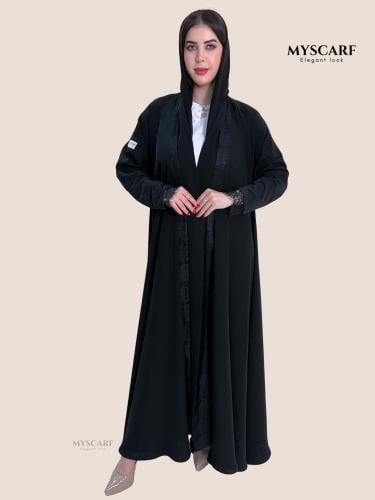 عباية قماش انترنت كم استرتش مع ياقة دانتيل لون اسو...