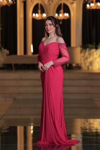 فستان سهره ناعم تل اكمام بلون فوشي