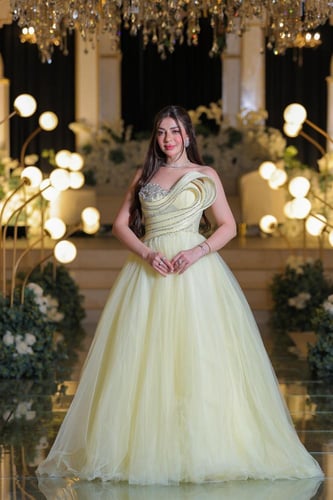 فستان سهرة طويل بلون ليموني فاتح وتصميم فاخر