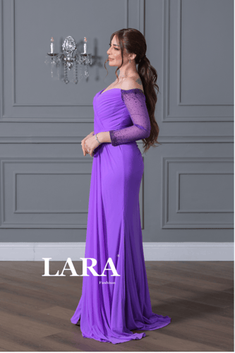 فستان سهره ناعم تل اكمام بلون بنفسجي