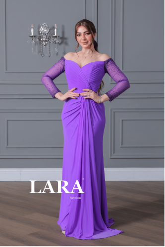 فستان سهره ناعم تل اكمام بلون بنفسجي