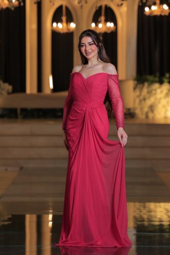 فستان سهره ناعم تل اكمام بلون فوشي