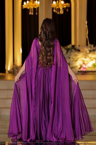 فستان سهرة مطرز بالكريستال من الخصر لون بنفسجي