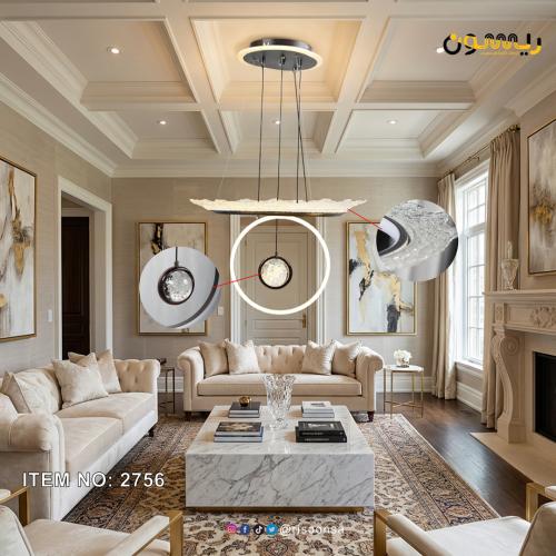 ثريا مودرن سوداء بتصميم هندسي وحلقة إضاءة ليد مع ط...