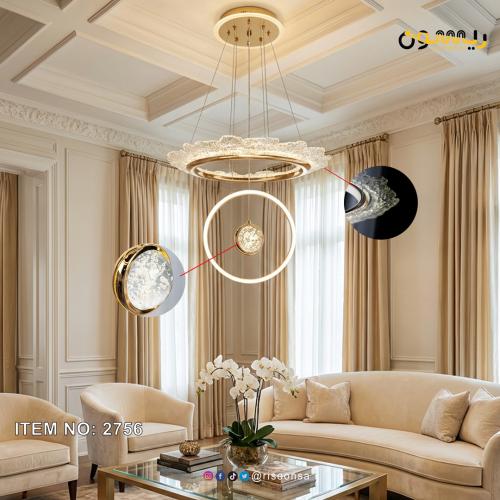 Modern gold chandelier with geometric design and LED light ring with crystal plate and remote control