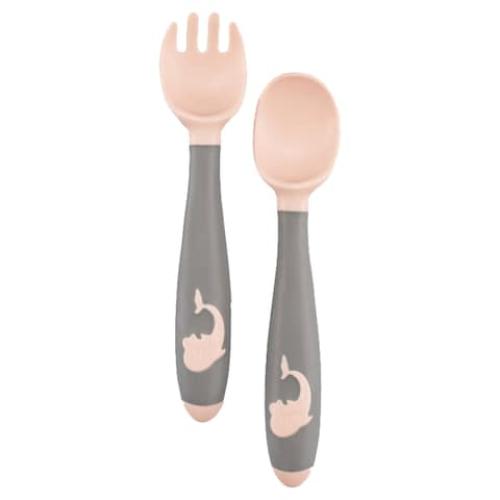 امتشي مجموعة ملعقة + شوكة سيليكون مرنة للأطفال ورد...
