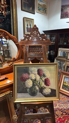 لوحة زهور زيتية مؤرخة 1960 – موقعة من الرسام