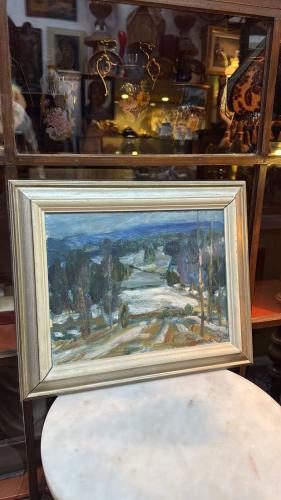 "طريق الشتاء الهادئ – لوحة زيتية موقّعة على الخشب...