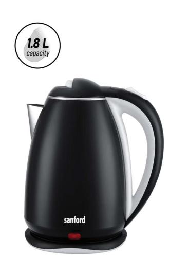 Double-layer stainless steel electric kettle – 1.8-liter capacity – 1500-watt power available in black, white, red, and pink.