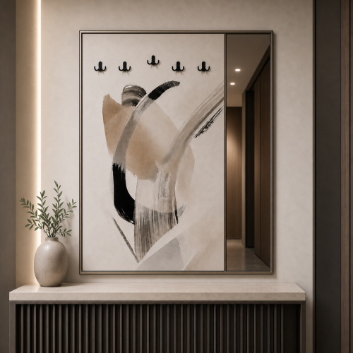 علاقة ملابس جدارية مودرن مع مرآة طوليّة وتصميم أوراق الشجر الزرقاء