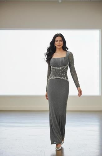 فستان سهرة استرتش لمعه لون رصاصي مطرز بحبات اللؤل