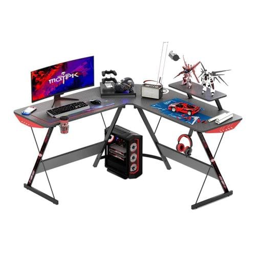 طاولة كمبيوتر مع حامل سماعات + حامل كوب ومنصة للاكسسوارات ( لون اسود ) GAMEON L-Shaped Slayer I Series Gaming Desk (Size: 129*129*...