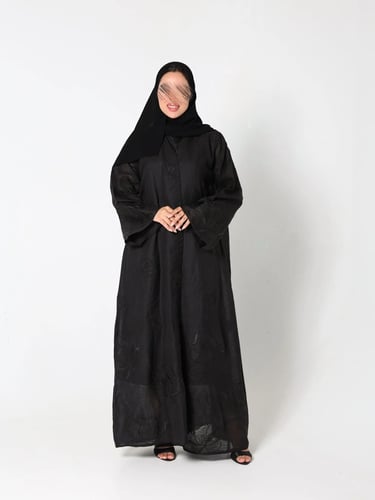 Suda abaya, luxurious linen fabric with royal black embroidery.