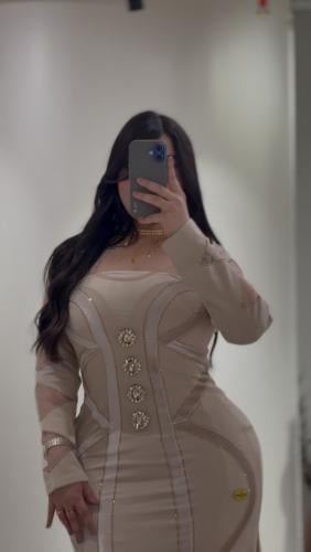 فستان بيج بخطوط مخمل محدد بكرستال