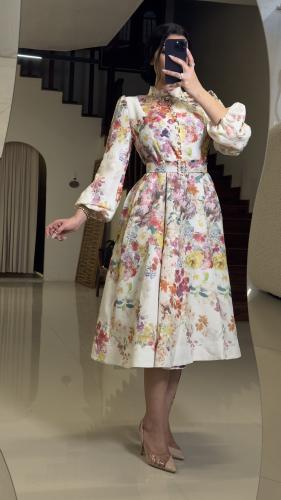 فستان ميدي للعيد فخم وأنيق مورد مزين بحزام على الخ...