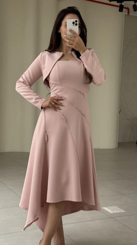 فستان قطعتين راقي جاكيت انيق اكمام طويله