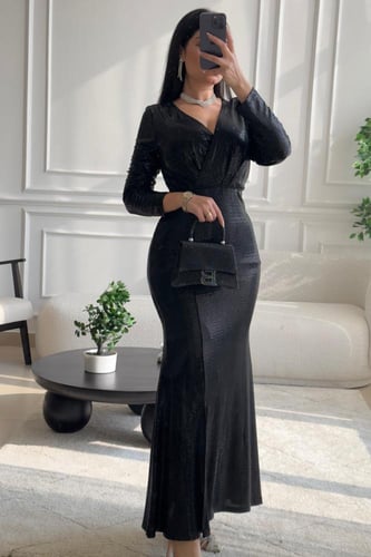 فستان طويل سهرة فخم ترند اللون الاسود