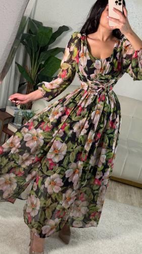 فستان طويل نسائي شيفون بتوريدات ربيعية