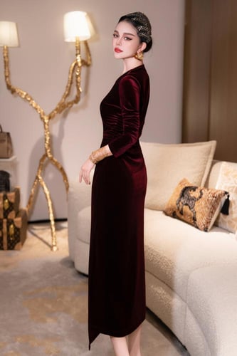 فستان مخمل ناعم مزين بالكلفه المطرزة