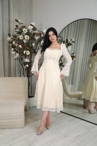 فستان ميدي انيق للمناسبات دانتيل مورد