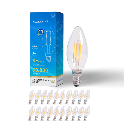 لمبة، LED Filament E14، قدرة 4 واط ، إضاءة 2700 كلفن، دقة ألوان CRI 90، عمر افتراضي 50,000 ساعة، تدعم الدايمر ،ضمان 5 سنوات (20حبا...