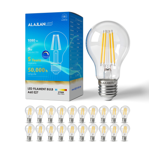 لمبة، LED Filament E27، قدرة 9 واط ، إضاءة 2700 كلفن، دقة ألوان CRI 90، عمر افتراضي 50,000 ساعة، تدعم الدايمر ،ضمان 5 سنوات (20 حب...