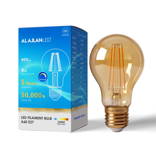 لمبة، LED Filament E27، قدرة 4 واط ، إضاءة 2300 كلفن، دقة ألوان CRI 90، عمر افتراضي 50,000 ساعة، تدعم الدايمر ،ضمان 5 سنوات