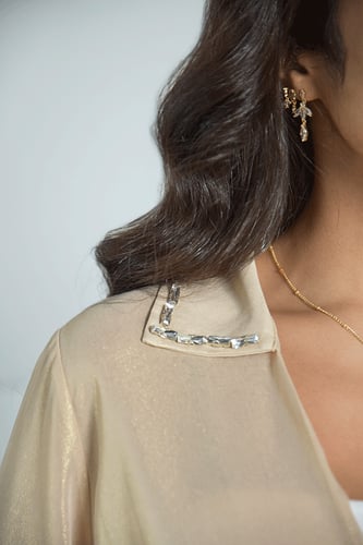 بلوزة شيفون ذهبية لامعة بأكمام طويلة