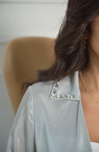 بلوزة شيفون فضي لامعة بأكمام طويلة