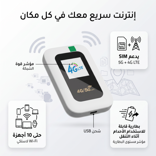 جهاز واي فاي متنقل5G 4G - يدعم 10 أجهزة - إنترنت مستقر ومحمول