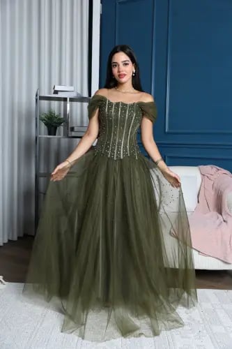 Evening dress with beaded bodice