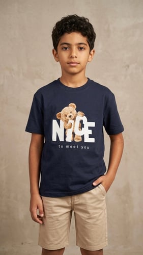 تيشرت أولادي قطن كاجوال بطبعة الدب "Nice to Meet Y...