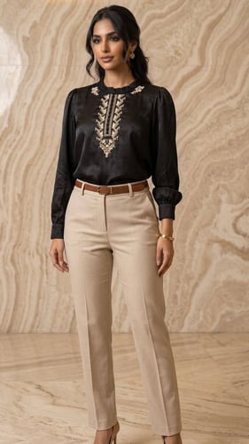 بلوزة ساتان مطرزة بنقوش هندسية كلاسيكية.