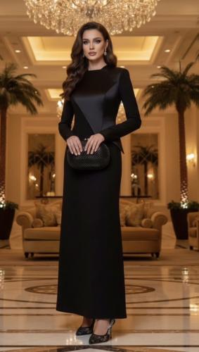 فستان اسود ناعم بتصميم متداخل