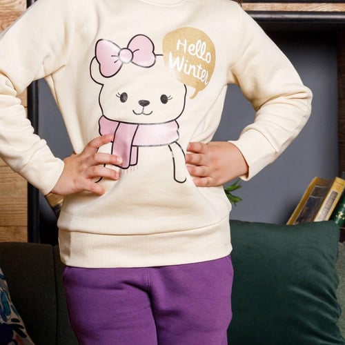 بيجامة بناتي طباعة دبدوبة وكلمة HELLO WINTER