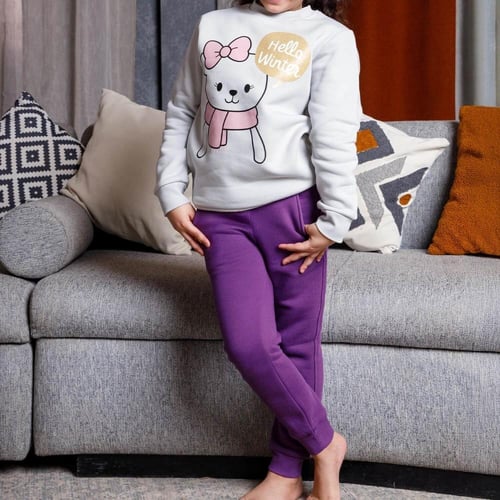 بيجامة بناتي طباعة دبدوبة وكلمة HELLO WINTER