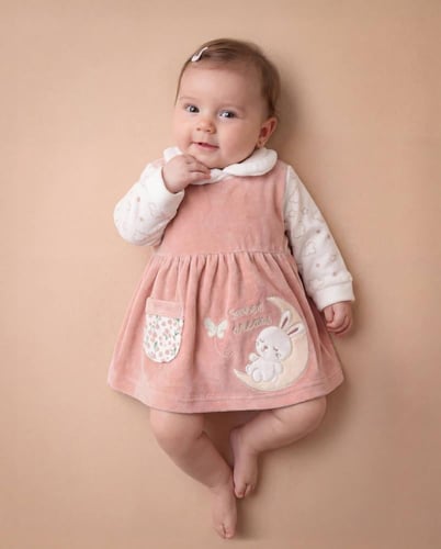 فستان أطفال شتوي قطيفة اكمام مطبوعة غيوم مطرز ارنو...