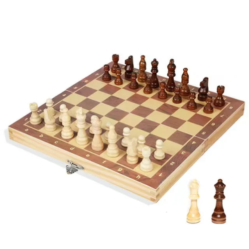 Wooden folding chess set size 29 cm × 29 cm with large magnetic board and 34 chess pieces, standard indoor game set.