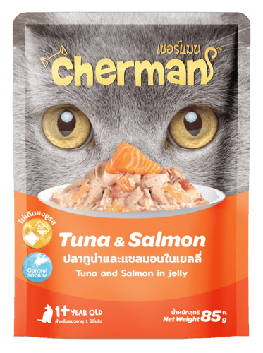 ظرف شيرمان تونه مع السالمون في الجيلي 85جرام لقطط...