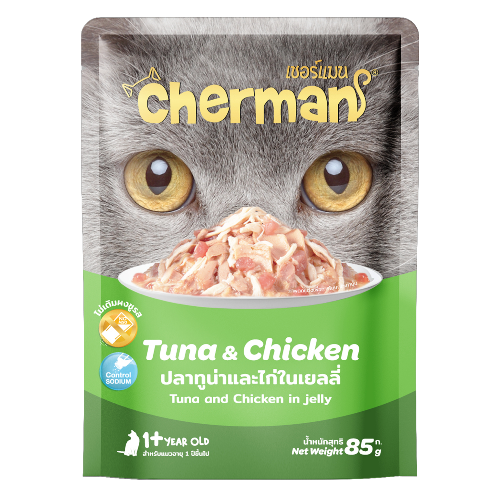 ظرف شيرمان تونه مع الدجاج في الجيلي 85جرام لقطط ال...
