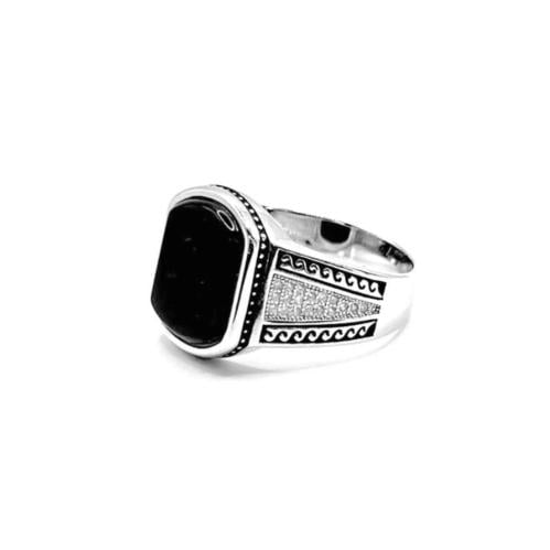 خاتم فضة رجالي 925 بفص عقيق أسود مربع بنقشة موجية...