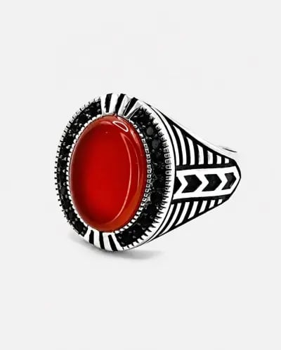 خاتم ستيرلينغ 925 للرجال بحجر عقيق كبدي ونقشة مميزة